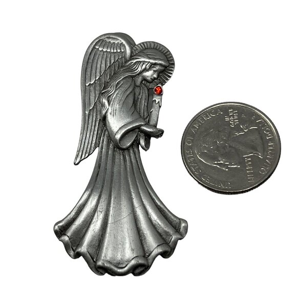 Vintage JJ Angel Brooch Silver Pewter Tone Red Rhinestone Crystal Candle Pin - Picture 2 of 8
